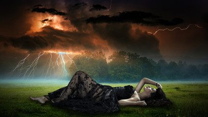 Fantasy scene with princess in a storm