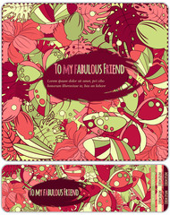 Naklejka premium Set Floral card design, flowers, leaf , butterfly, herbs doodle elements. Vector decorative invitation. childish style. elements are not cropped and hidden under mask