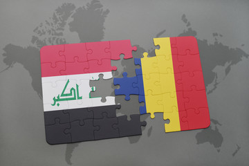 puzzle with the national flag of iraq and chad on a world map background.