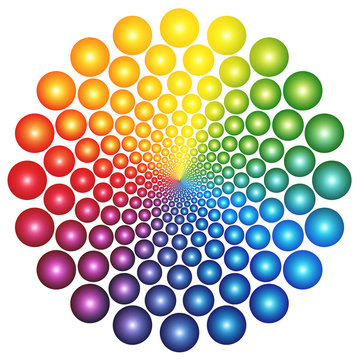 Rainbow colored balls approaching infinity towards the center.