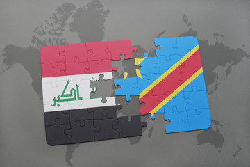 puzzle with the national flag of iraq and democratic republic of the congo on a world map...