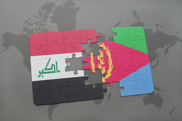 puzzle with the national flag of iraq and eritrea on a world map background.