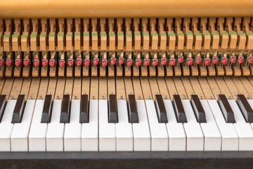 Open piano with black and white keyboard and interiors