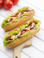 hot dogs on a wooden table