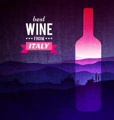 Wine bottle with the landscape of Tuscany. Vector poster. - 120829254
