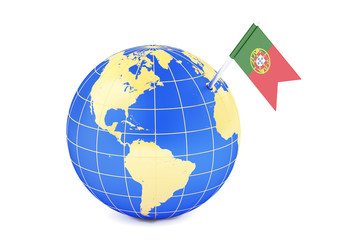 Portuguese pin flag on globe map, 3D rendering