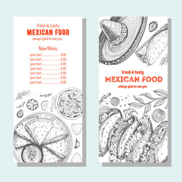 Mexican food design template. Vertical banners set. Mexican food cafe menu. Vector illustration.