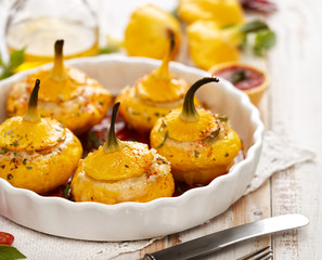 Baked Pattypan squash , stuffed with cheese, vegetarian food