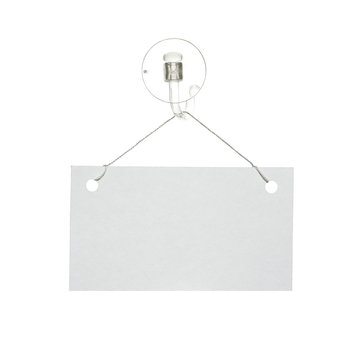 Paper card hanging under suction cup on white background