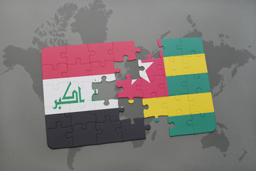 puzzle with the national flag of iraq and togo on a world map background.