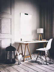 Blank poster on wall beside desk