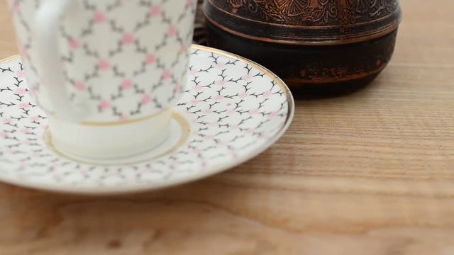 Coffee, coffee cup and grains.