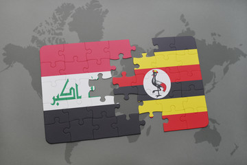 puzzle with the national flag of iraq and uganda on a world map background.