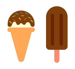 Sweet cartoon cold ice cream set and tasty cartoon frozen icecream collection vector delicious. Set of ice cartoon colorful ice-cream desserts. Chocolate and milk icecream vector illustration