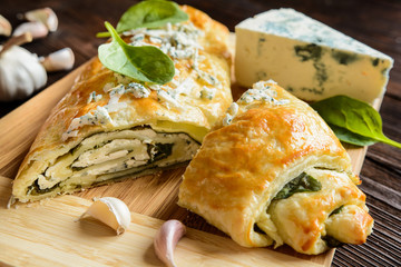 Savory strudel stuffed with spinach, Roquefort, Feta cheese and garlic