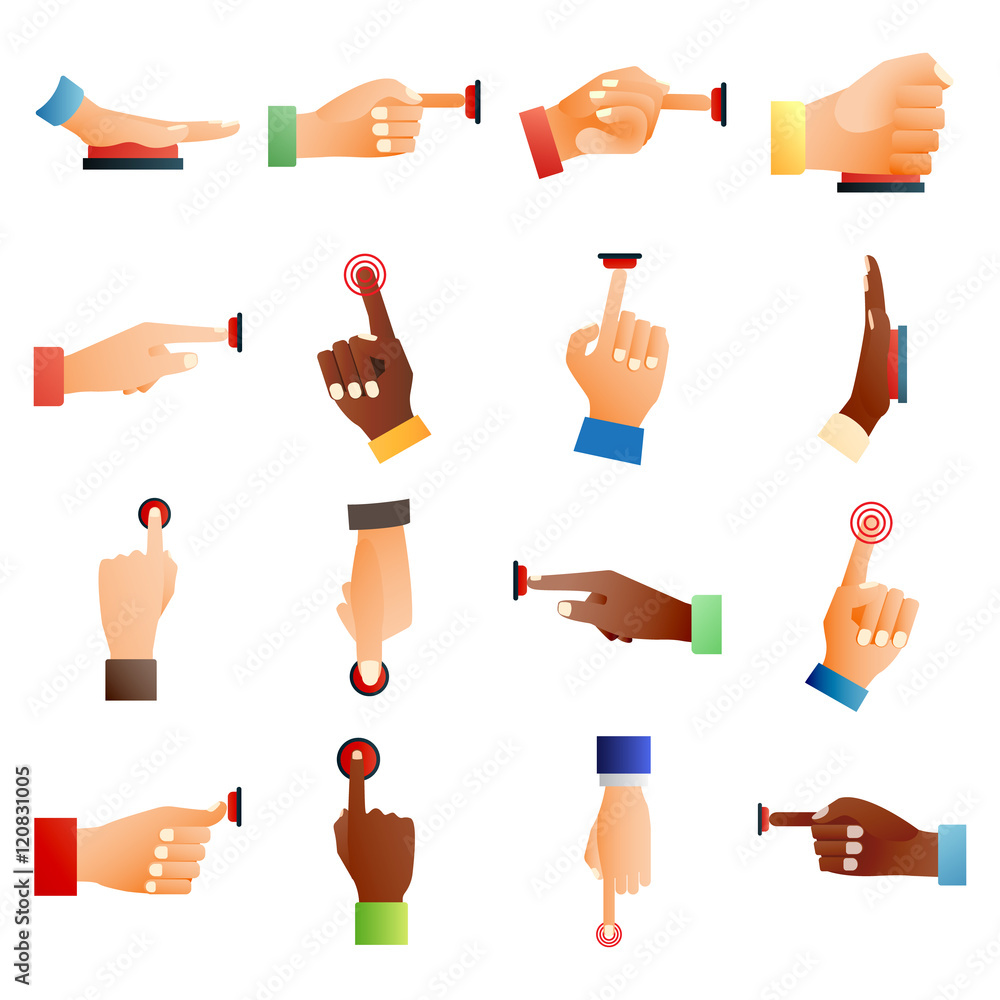 Poster hand press red button finger press icon on white background. finger control start up hands push red 