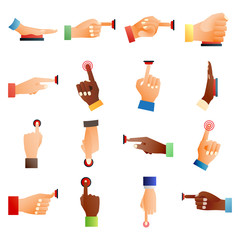 Hand press red button finger press icon on white background. Finger control start up hands push red buttons pointer cursor. Target gesture internet human hands push buttons touch concept one click.