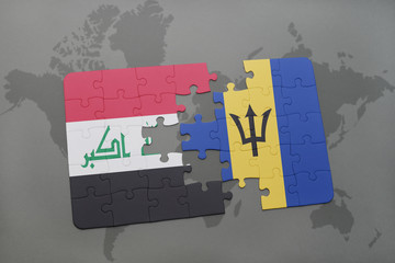 puzzle with the national flag of iraq and barbados on a world map background.