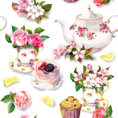 Fototapety  Teatime pattern: flowers, teacup, cake, teapot. Watercolor. Seamless background