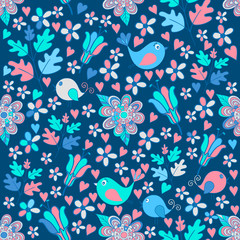Vector flower pattern. Seamless texture, detailed birds, flowers, leaves illustrations. Floral pattern in doodle style, spring floral background.