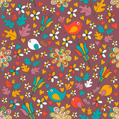 Naklejka na ściany i meble Vector flower pattern. Seamless texture, detailed birds, flowers, leaves illustrations. Floral pattern in doodle style, spring floral background.