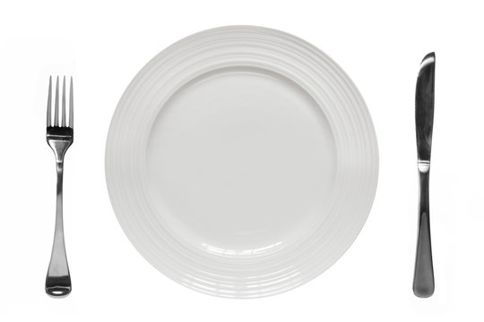 Empty Plate with Knife and Fork Top View Isolated