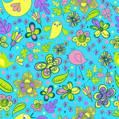 Vector flower pattern. Seamless texture, detailed birds, flowers, leaves illustrations. Floral pattern in doodle style, spring floral background.