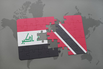 puzzle with the national flag of iraq and trinidad and tobago on a world map background.