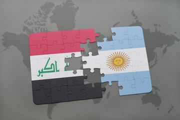 puzzle with the national flag of iraq and argentina on a world map background.