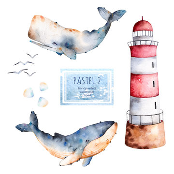 Watercolor handpainted whales,seashells and lighthouse in pastel colors.Perfect for your project,texture,blog,wallpaper,pattern,kids texture,gift paper, wrapping etc