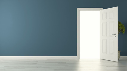 Fototapeta premium opened american door with blue wall and reflective floor