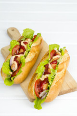 hot dogs on a wooden table