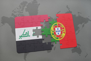 puzzle with the national flag of iraq and portugal on a world map background.