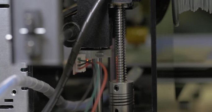 In ECC Sokolniki, Moscow at exhibition of 3D Expo seen mechanism of working 3D printer. Printing technology