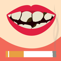 Smile with decayed, dirty and yellowed teeth. Cigarette fuming. Oral health damaged by smoking.