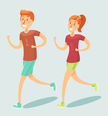 Young couple running outdoor vector flat style.