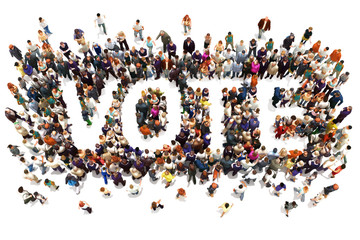 People that vote. Large group of people walking to and forming the shape of the word text vote on a white background. 3d rendering