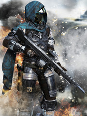 Futuristic ranger space Marine surveying the Battlefield . 3d rendering © Digital Storm