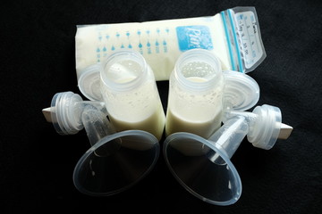Fresh breast milk in plastic bag ready for freezer