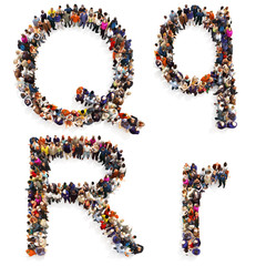 Collection of a large group of people forming the letter Q and R in both upper and lower case isolated on a white background. Large 7k resolution map ,additional letters available, 3d rendering.