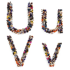 Collection of a large group of people forming the letter U and V in both upper and lower case isolated on a white background. Large 7k resolution map ,additional letters available, 3d rendering.