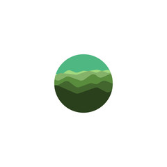 Isolated round shape green color wild nature panorama logo. Mountains logotype. Water waves icon. Natural environment image. Vector illustration.