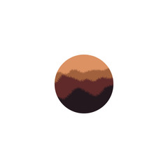 Isolated brown color round shape natural environment silhouette logo. Mountains miniature logotype. Sunset view icon. Wild nature panorama.Vector illustration.