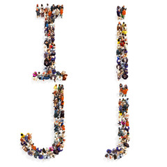 Collection of a large group of people forming the letter I and J in both upper and lower case isolated on a white background. Large 7k resolution map ,additional letters available, 3d rendering.