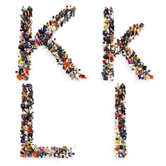 Collection of a large group of people forming the letter K and L in both upper and lower case isolated on a white background. Large 7k resolution map ,additional letters available, 3d rendering.