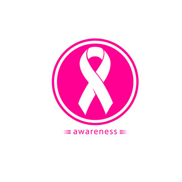 Isolated white color ribbon in a circle logo. Against cancer round shape logotype. Stop disease symbol. International worldwide breast cancer week. Medical sign. Vector illustration.