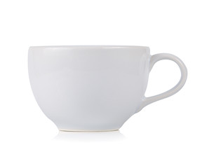 White ceramic cup isolated on white background.
