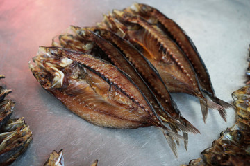 Dried salted fish in the market of Thailand, Selective focus