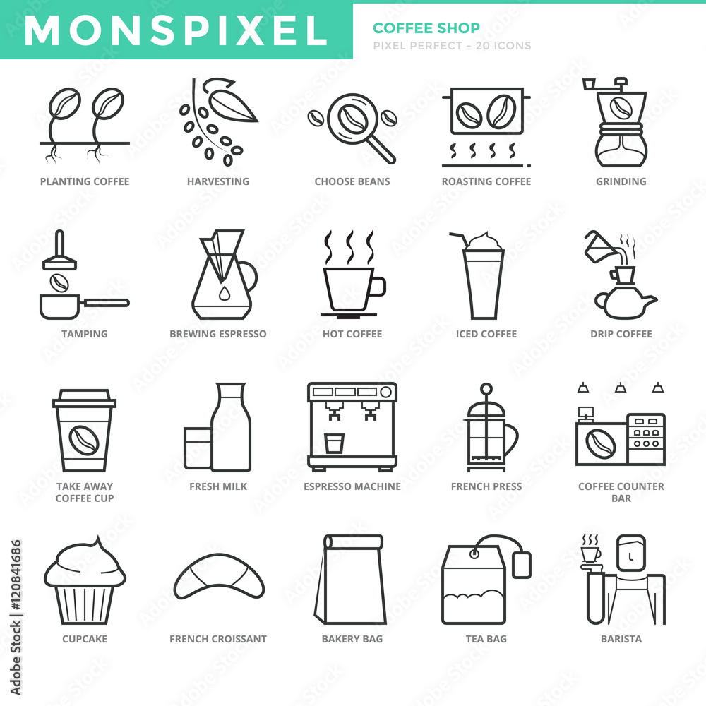 Poster flat thin line icons set of coffee shop. pixel perfect icons. simple mono linear pictogram pack stro