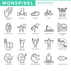 Flat thin line Icons set of Healthy Lifestyle. Pixel Perfect Icons. Simple mono linear pictogram pack stroke vector logo concept for web graphics.